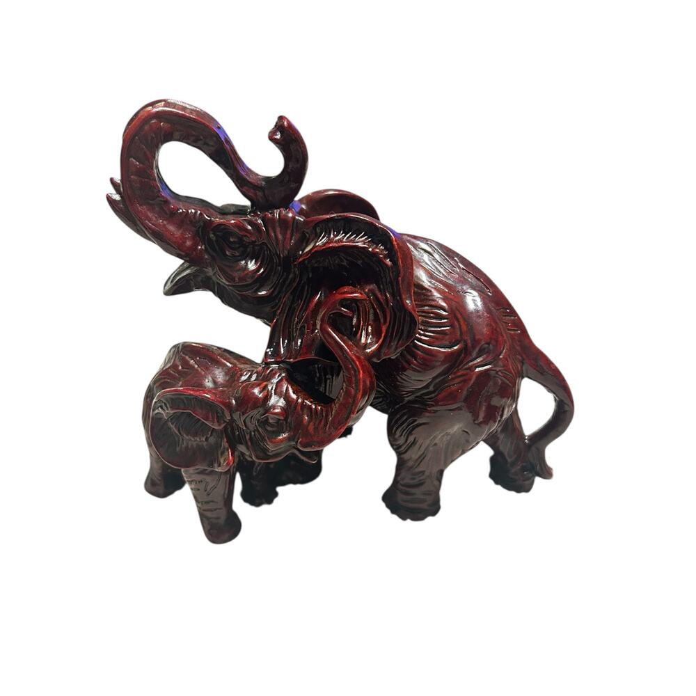 Vintage Red Resin Mother and Baby Elephant Sculpture